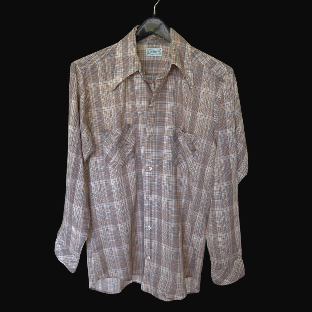 70's Dutchmaid Brown Plaid Long Sleeve Button Down Shirt Sz 16-33